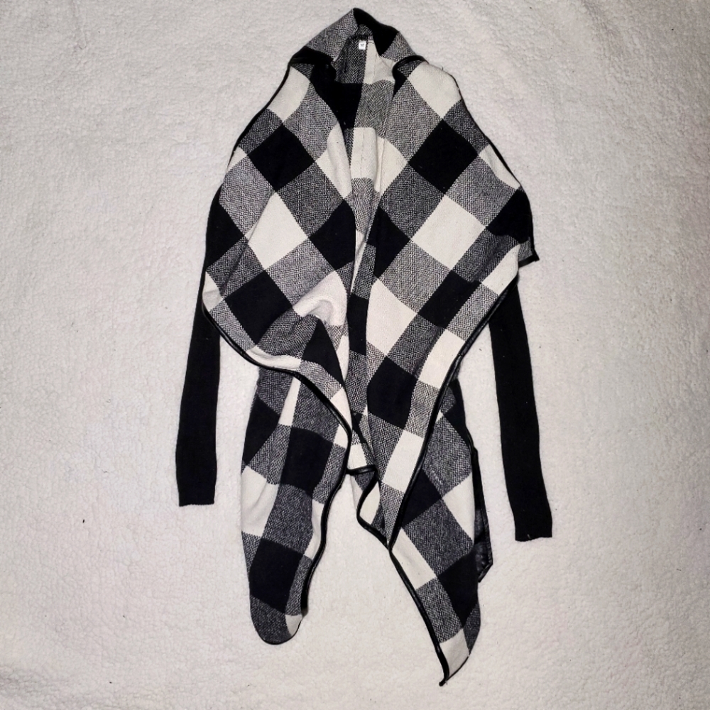 Plaid Draped Cardigan with Faux Leather tie